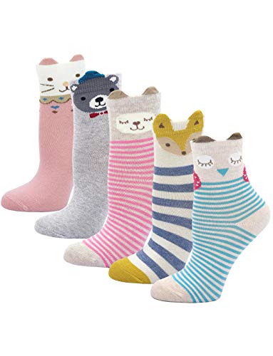 PUTUO Kinder Socken Bunt Gemustert Kleinkind Mädchen Socken aus Baumwolle Nette Karikatur Tier Socken, 8-11 Jahre, Tiermuster-5 Paare