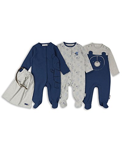 The Essential One - Baby Jungen Bär Streifen Schlafanzug/Einteiler/Strampler (3-er Pack mit Beutel) - Blau/Grau - 50/56cm - ESS218