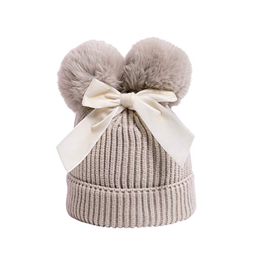 Amosfun Kids Pom Pom Beanie Hat with Bow Winter Cap for Child Baby Boy Girl Outdoor Ski Warm Knitting Hat (Beige)