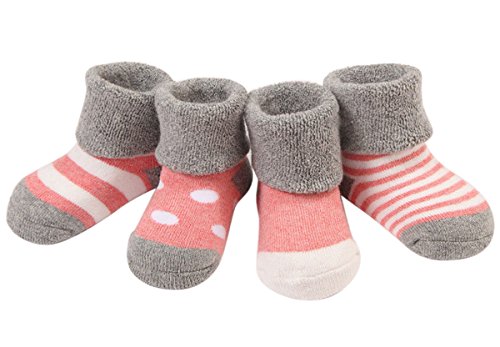 Happy Cherry Vintage Baby Mädchen 4 Paar Socken Set Weich Baumwolle Süß und Lieblich Gepunkt Gestreift 0-36 Monate (Rosa - Verdickt für Winter, 0-6 Monate)