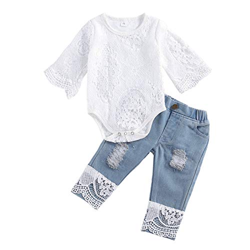 I3CKIZCE 2PCS Baby Girl Outfit Set Langarm White Lace Fairy Strampler Top + Langarm Elastic Denim Jean Pants Baby Girl Kleidung Set (Weiß-Blau, 6-12 Months)