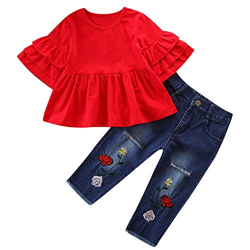 Proumy ◕ˇ∀ˇ◕Baby Kleidung Set, Baby Body Kleinkind Neugeborenes Baby Mädchen Kinder Langarm Rüschen Top + Loch Jeans Hose Kinder Kleidung (rot,24 Months)