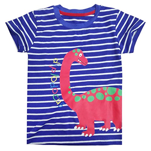 Tarkis Kinder T-shirt Baumwolle Streifen Feuer Cartoon Auto Muster Jungen Mädchen Kurzarm Oberteil Pullover Größe (92, Blauer Dinosaurier)