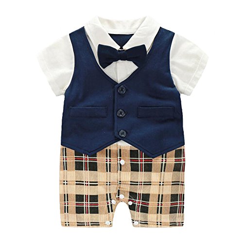 Fairy Baby Baby Outfits Jungen Smoking Anzug Kurze Abendkleider Festliche babymode Kleidung mit Fliege Strampler, Navy blau Plaid, 3-6 Monate