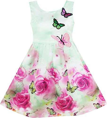 Sunny Fashion Mädchen Kleid Rose Drucken Schmetterling Stickerei Grün Gr. 98