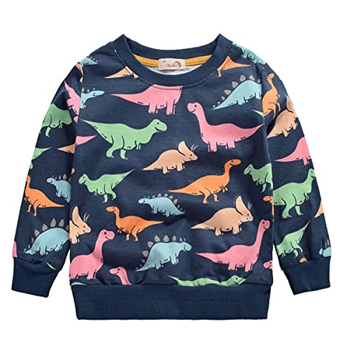 CM-Kid Sweatshirt Jungen Pullover Baumwolle Kinder Langarm Shirt 4 5 Jahre Dunkelblau Bunt Dinosaurier DE: 110 (Herstellergröße 120)