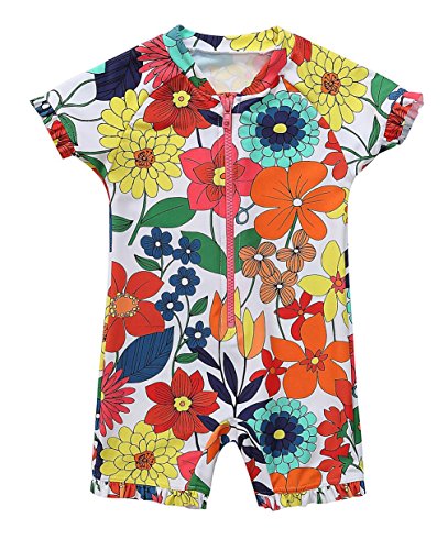 Attraco Baby Badeanzug Mädchen Rash Guard UV Kurzarm Süßes Blumen Druck One Piece Bademode UPF50+ Orange Blumen 0-3 Monate