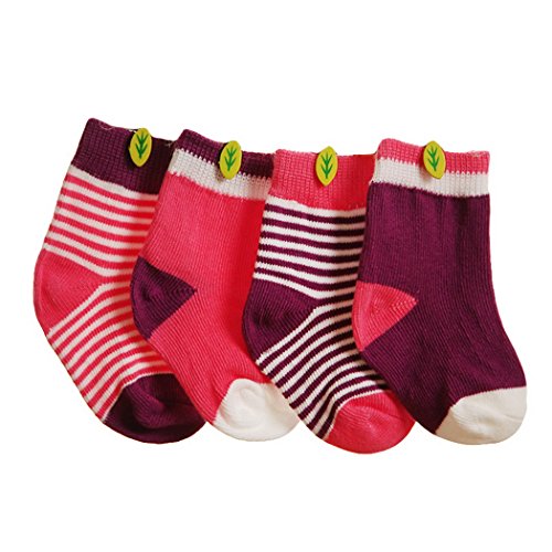 Happy Cherry Vintage Baby Mädchen 4 Paar Socken Set Weich Baumwolle Süß und Lieblich Gepunkt Gestreift 0-36 Monate (Rosa Purpur, 0-6 Monate)