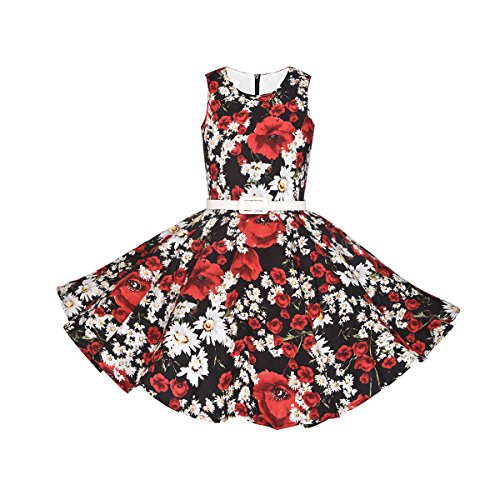 HBBMagic Maedchen Audrey 1950er Vintage Baumwolle Kleid Hepburn Stil Kleid Blumen Kleid Tupfen Kleid, Rote Blume, 34