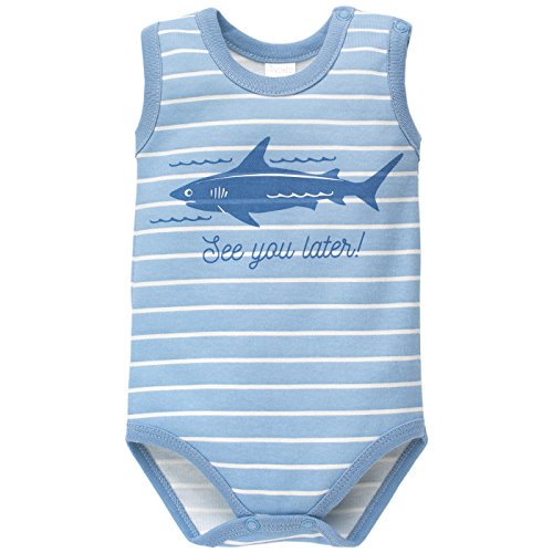 Pinokio - Sea World - Baby Body 100% Baumwolle, blau weiß gestreift maritim mit Hai - Ärmelloser Body für Erstausstattung, Sommer Body Jungen Jungs Unisex (68)
