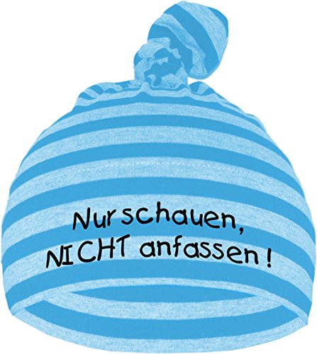 Baby Mütze bedruckt mit NUR SCHAUEN - NICHT ANFASSEN (Farbe hellblau/dunkelblau) (Gr. 0-74)