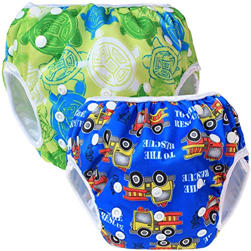 Teamoy 2-teilig Baby Schwimmhose, Bequem, waschbar und verstellbar, ideal für Schwimmen Lektionen oder Urlaub (Grüne Früchte+ Blaues Auto)