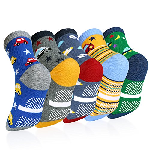OOPOR Kinder ABS Rutschfeste Knöchel Socken - Jungen Socken Strümpfe Baumwolle Kleinkind Karikatur Socken Lässige Sport Laufen Socken mit Anti-Rutsch-Socke für 0-12 Jahre Schulen Junge Mädche 5 Paare