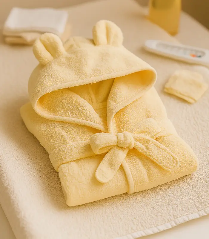 Gelber Baby-Bademantel mit Kapuze und Ohren