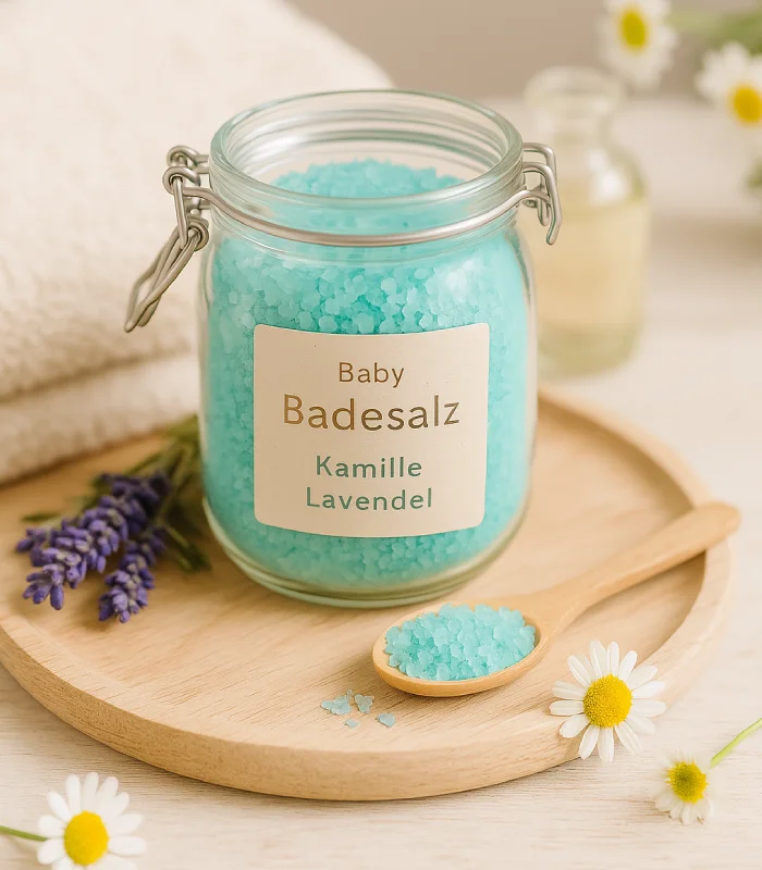 Türkise Baby-Badesalze im Glas mit Lavendel und Kamille