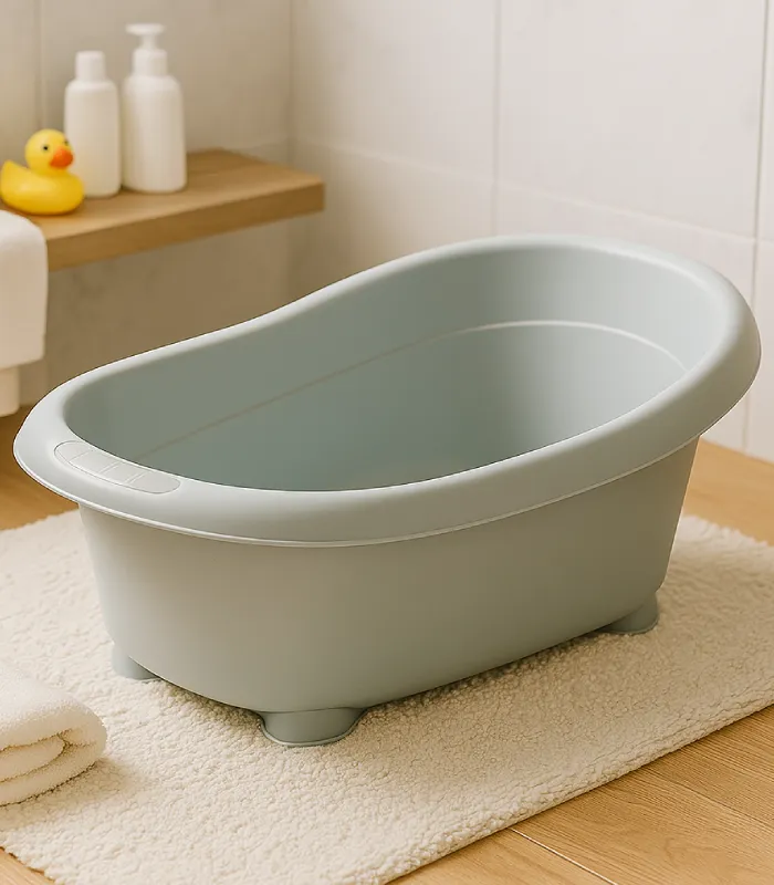 Moderne Babybadewanne auf Badteppich mit Zubehör