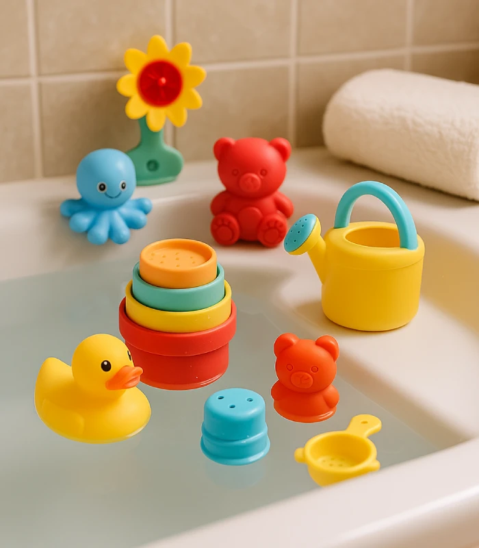 Buntes Badewannenspielzeuge für Babys im Wasser arrangiert