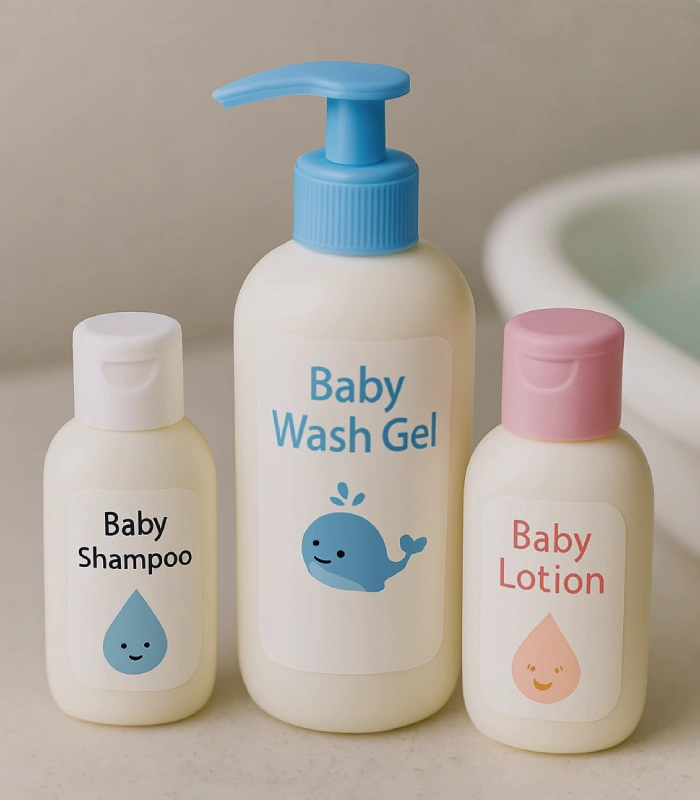 Baby-Waschgel mit farbigen Pumpverschlüssen in Blau und Rosa