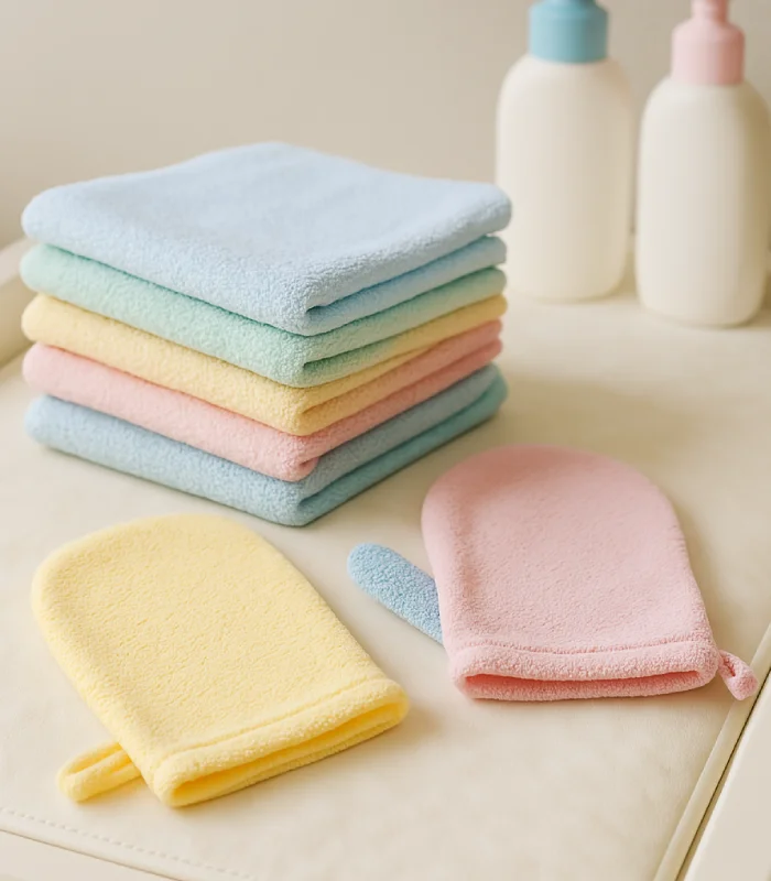 Bunte Waschlappen und Waschhandschuhe für Babys auf Wickeltisch