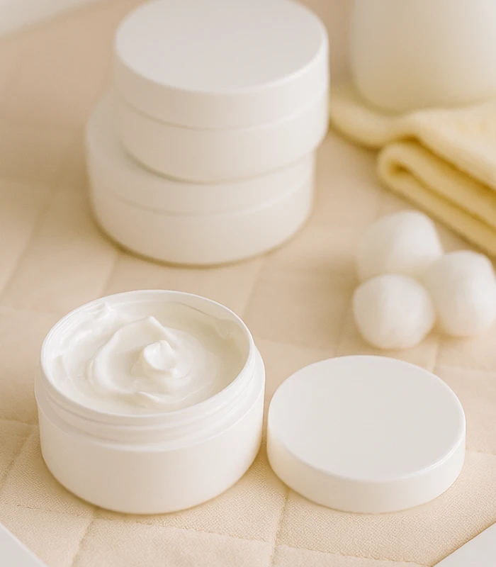 Geöffnete Babycreme im Tiegel auf Wickeltisch mit Zubehör