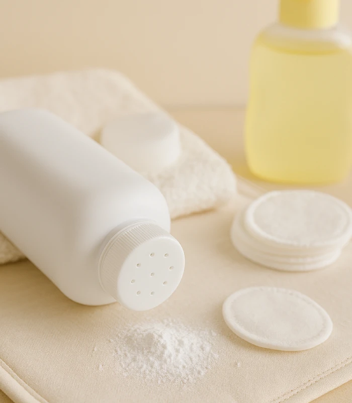 Offene Babypuder-Dose mit ausgestreutem Puder auf Wickelunterlage