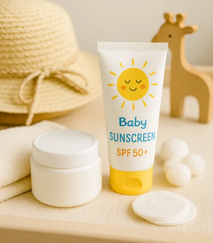 Baby-Sonnencreme mit SPF 50+ neben Sonnenhut und Spielzeug