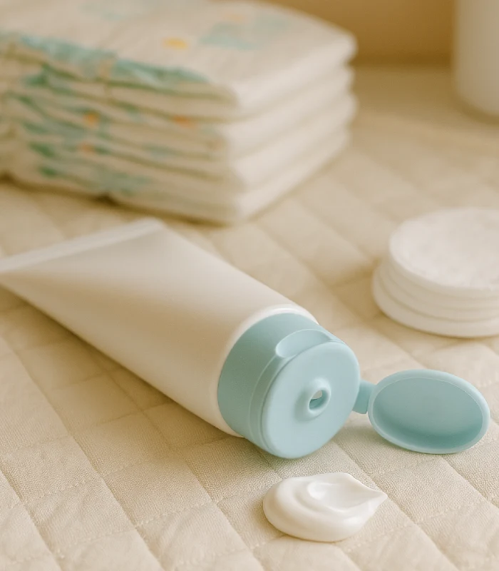 Windelcreme-Tube mit geöffnetem Deckel und Cremeklecks auf Wickelunterlage