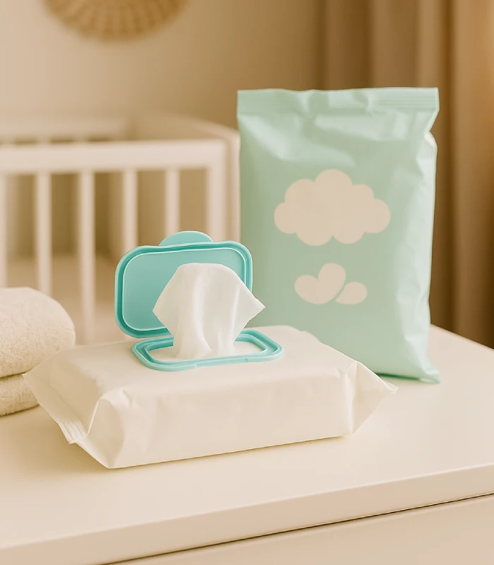 Baby-Feuchttücher mit Nachfüllpackung auf Wickeltisch