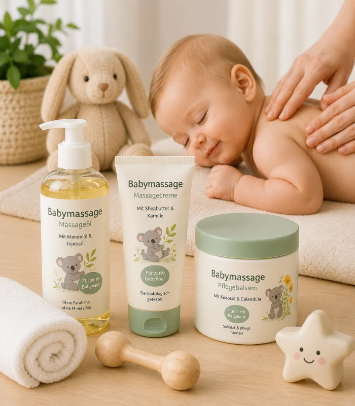 Babymassage mit sanften Pflegeprodukten wie Massageöl, Massagecreme und Pflegebalsam in einer warmen und liebevollen Umgebung.