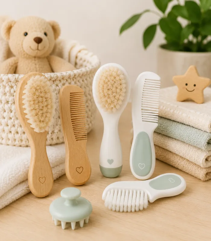 Verschiedene Bürsten und Kämme für Babys mit weichen Borsten und abgerundeten Formen für die sanfte tägliche Haar- und Kopfpflege