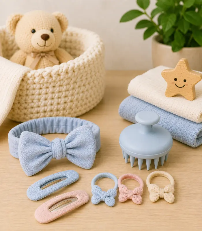 Haarpflege-Accessoires für Babys mit weichem Haarband, Haarspangen, Haargummis und sanftem Kopfhaut-Massagebürstchen in kindgerechten Pastellfarben