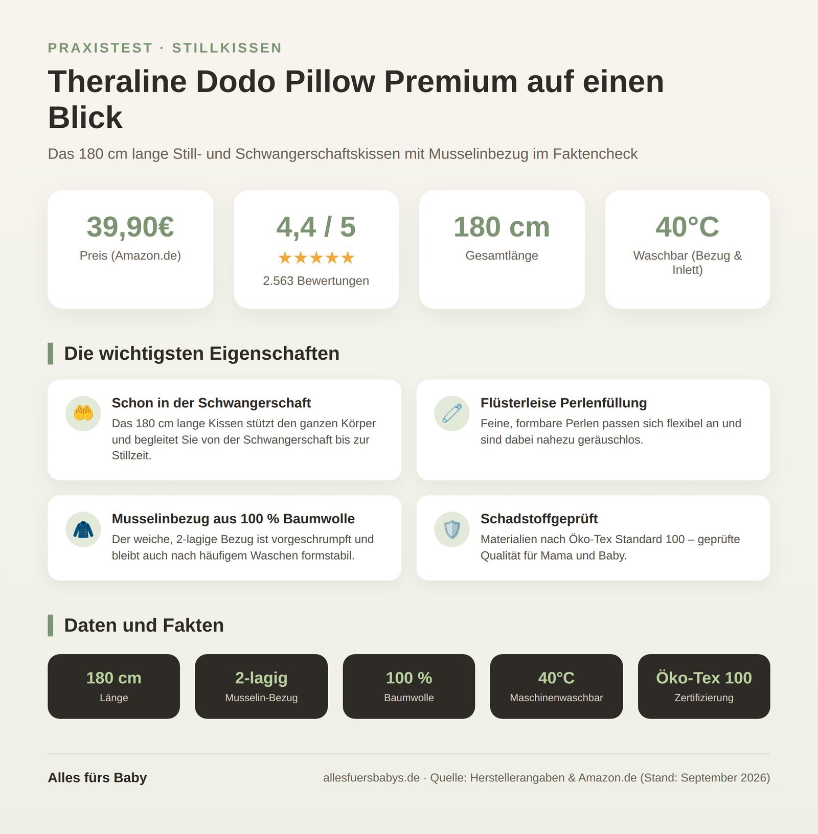 Infografik Theraline Dodo Pillow Premium mit Preis, Bewertung und Produktdaten auf einen Blick